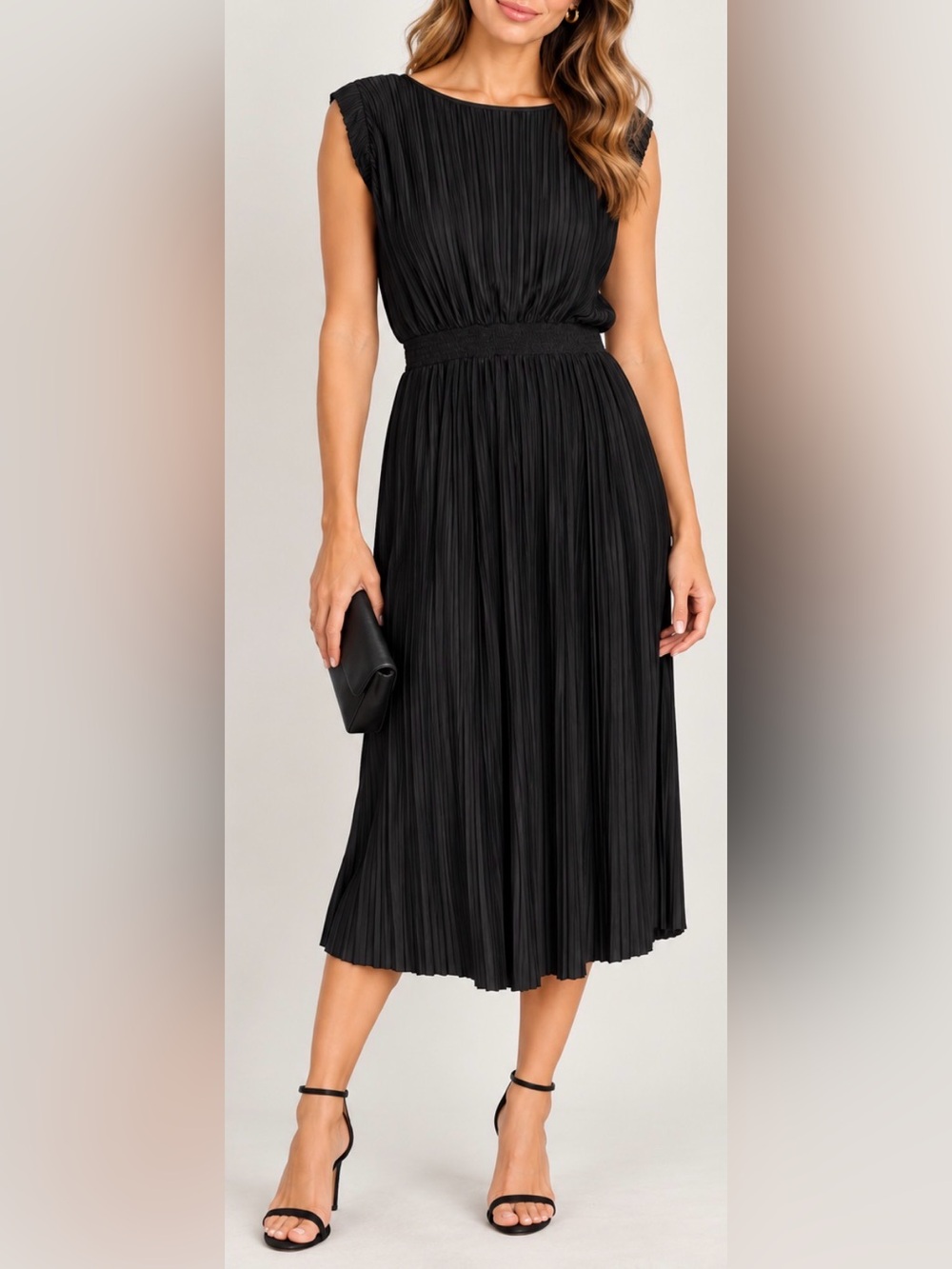 Banana Republic Black Pleated Midi Dress Tall Medium Smocked Waist Elegant